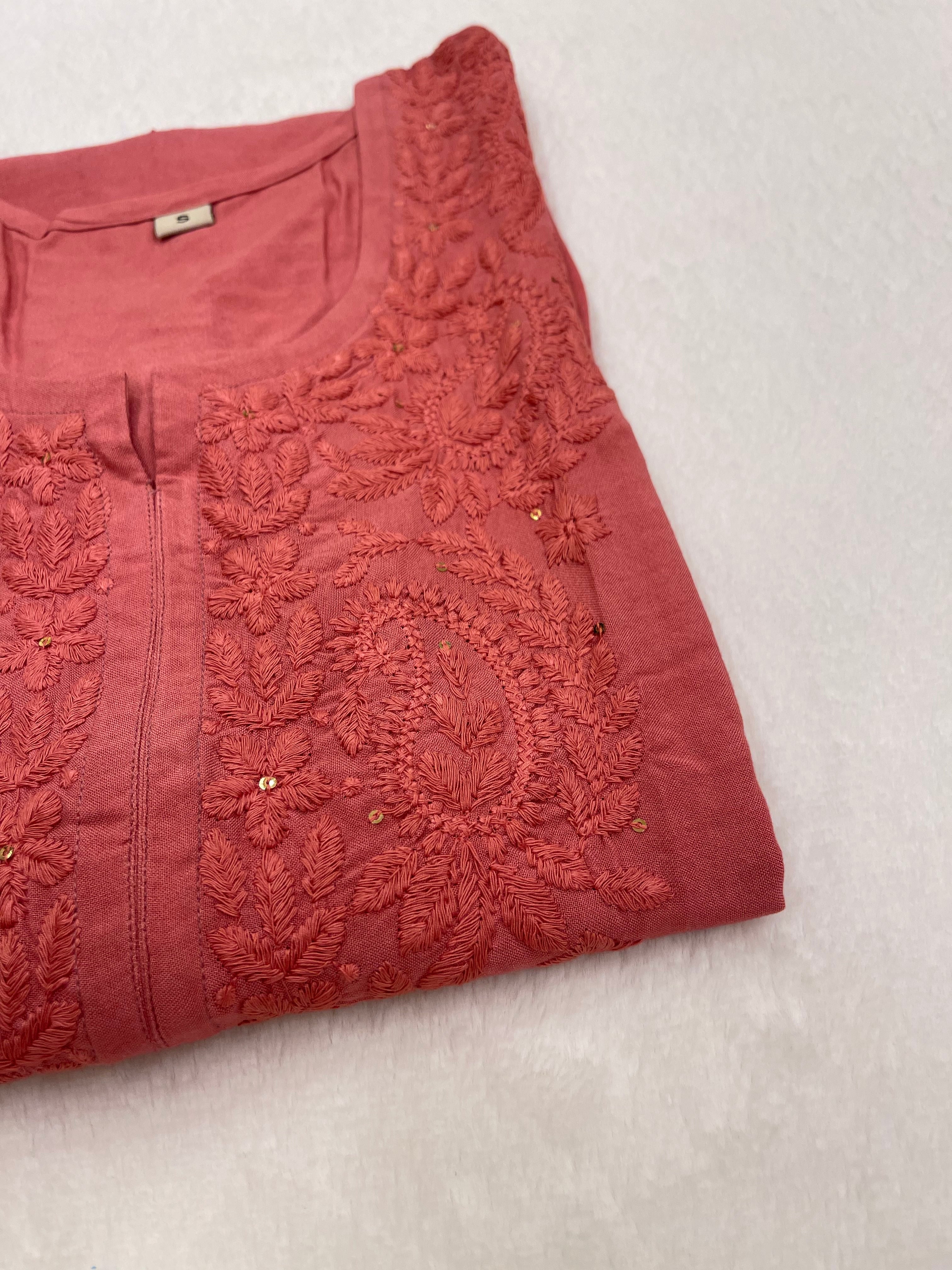 Ahana Coral Pink Rayon Sequin Embllished Long Kurta
