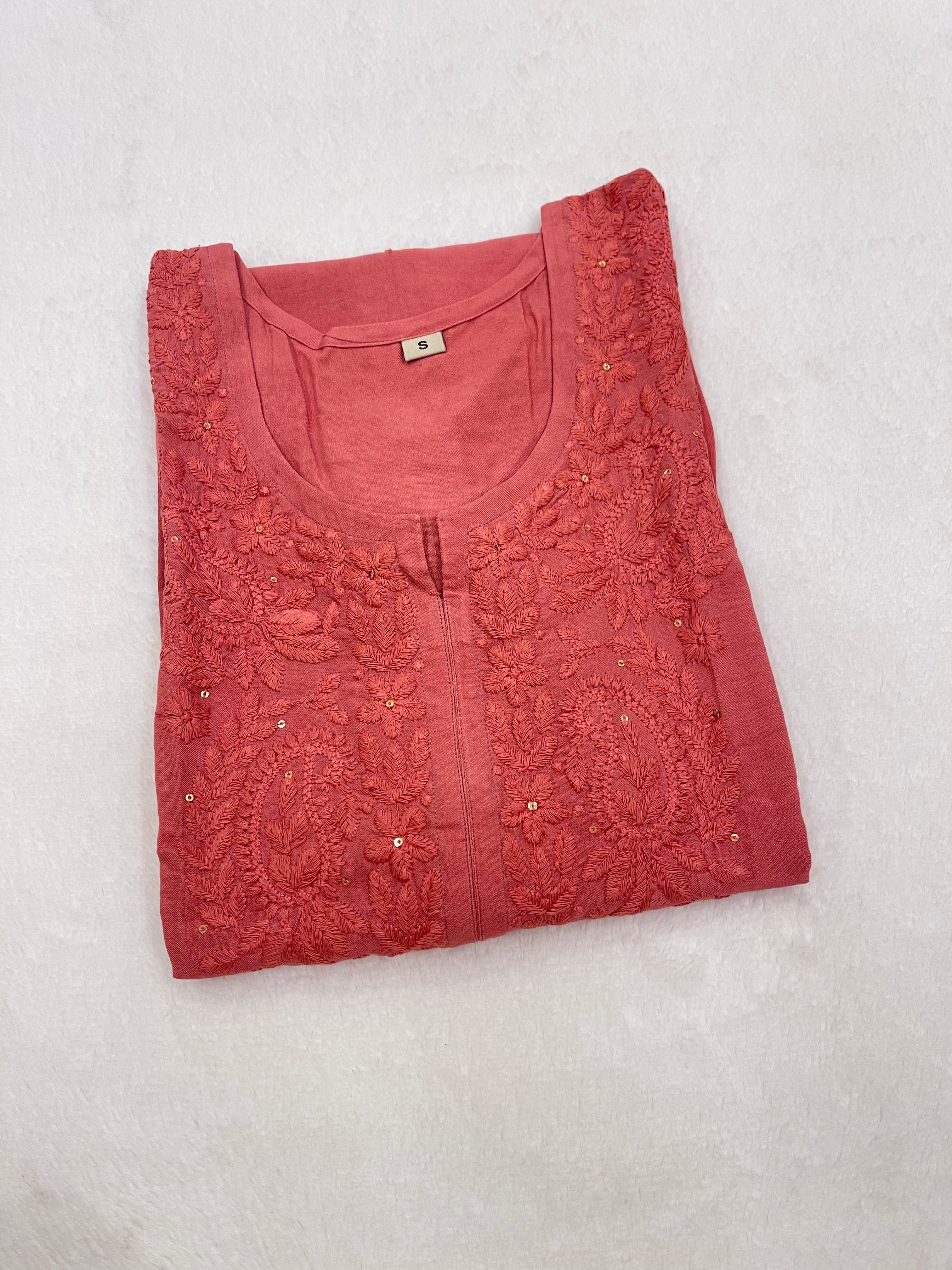 Ahana Coral Pink Rayon Sequin Embllished Long Kurta